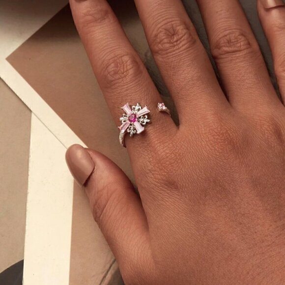 NWT S925 Sterling Silver Pink CZ Cross Fleur-De-Lis Design Open Adjustable Ring - Picture 10 of 12